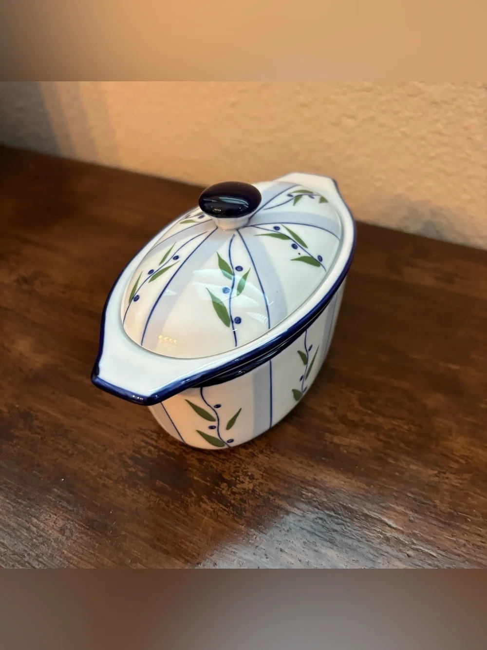 Vntg 3 Piece Cook Street Butter Boat Blueberry Floral Vine Water Cooled Butter